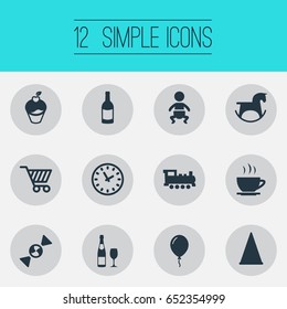 Vector Illustration Set Of Simple Holiday Icons. Elements Morning Coffee, Infant, Beverage And Other Synonyms Kid, Cup And Wall.
