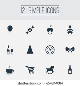 Vector Illustration Set Of Simple Holiday Icons. Elements Time, Cap, Pony And Other Synonyms Muffin, Candy And Alcohol.