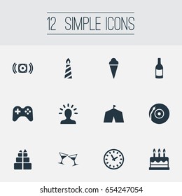 Vector Illustration Set Of Simple Holiday Icons. Elements Stereo Sound, Sweet Dessert, Cake And Other Synonyms Circus, Wineglass And Play.