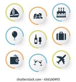 Vector Illustration Set Of Simple Holiday Icons. Elements Airplane, Balloon, Cocktail And Other Synonyms Wine, Joy And Cash.