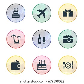 Vector Illustration Set Of Simple Holiday Icons. Elements Supper, Cake, Wallet And Other Synonyms Surprise, Lunch And Cake.