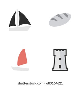 Vector Illustration Set Of Simple Holiday Icons. Elements Schooner, Bakery, Tower And Other Synonyms Bread, Tower And Castle.