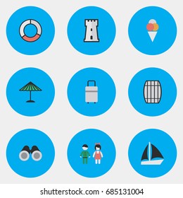 Vector Illustration Set Of Simple Holiday Icons. Elements Schooner, Sorbet, Optical Zoom And Other Synonyms Vision, Ice And Parasol.