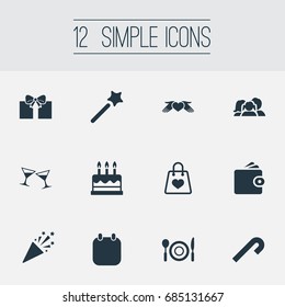 Vector Illustration Set Of Simple Holiday Icons. Elements Gift, Supper, Wand Synonyms Calendar, Date And Wand.