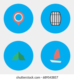 Vector Illustration Set Of Simple Holiday Icons. Elements Mark, Camping, Cask And Other Synonyms Location, Journey And Pin.