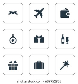 Vector Illustration Set Of Simple Holiday Icons. Elements Handbag, Gift, Airplane Synonyms Protection, Fly And Christmas.
