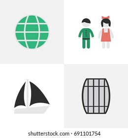 Vector Illustration Set Of Simple Holiday Icons. Elements Cask, World, Schooner And Other Synonyms Couple, Boat And Schooner.