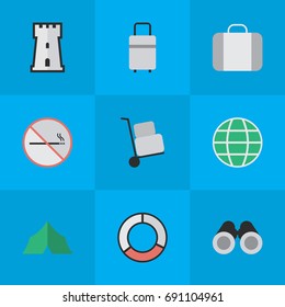 Vector Illustration Set Of Simple Holiday Icons. Elements Sea Rescue, Smoke Forbidden, World And Other Synonyms Tent, Cargo And Forbidden.