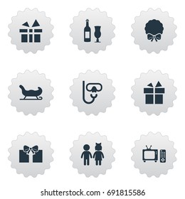 Vector Illustration Set Of Simple Holiday Icons. Elements Door Decoration, Surprise, Wine And Other Synonyms Box, Diving And Wreath.