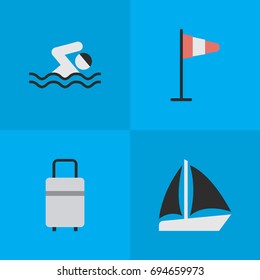 Vector Illustration Set Of Simple Holiday Icons. Elements Baggage, Flag, Schooner And Other Synonyms Sea, Schooner And Wind.