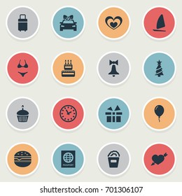 Vector Illustration Set Of Simple Holiday Icons. Elements Surprise, New Year Symbol, Travel Document And Other Synonyms International, Ringing And Cupcake.
