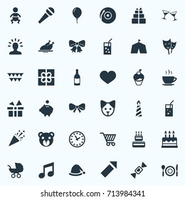 Vector Illustration Set Of Simple Holiday Icons. Elements Firecracker, Beverage, Mask And Other Synonyms Iced, Toy And Soul.