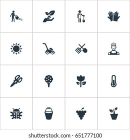Vector Illustration Set Of Simple Horticulture Icons. Elements Pail, Horticulture Equipment, Farmer And Other Synonyms Grower, Nature And Equipment.