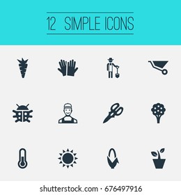 Vector Illustration Set Of Simple Horticulture Icons. Elements Temperature, Beetle, Worker And Other Synonyms Thermometer, Spade And Clippers.