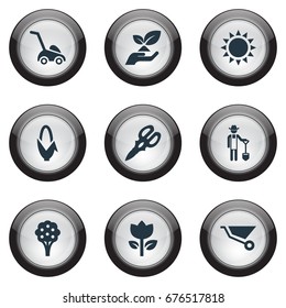 Vector Illustration Set Of Simple Horticulture Icons. Elements Grass Cutting Machine, Blossom, Rescue Nature And Other Synonyms Save, Rescue And Shine.