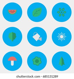 Vector Illustration Set Of Simple Horticulture Icons. Elements Fungus, Blossom, Sheet And Other Synonyms Watermelon, Bailer And Watering.