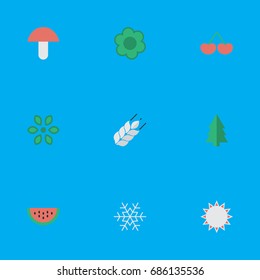 Vector Illustration Set Of Simple Horticulture Icons. Elements Corn, Flower, Fungus And Other Synonyms Watermelon, Sunny And Wheat.