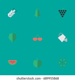Vector Illustration Set Of Simple Horticulture Icons. Elements Fruit, Bailer, Corn And Other Synonyms Watering, Cherry And Wheat.