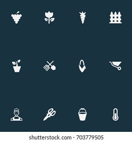 Vector Illustration Set Of Simple Horticulture Icons. Elements Wheelbarrow, Fruit, Flowerpot And Other Synonyms Flowerpot, Grape And Gardening.