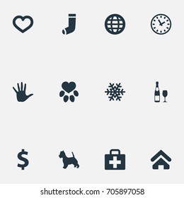 Vector Illustration Set Of Simple Household Icons. Elements Footprint , Hand, Alcohol Synonyms Heart, Medicine And Time.