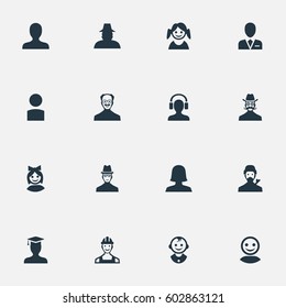 Vector Illustration Set Of Simple Human Icons. Elements Moustache Man, Internet Profile, Postgraduate And Other Synonyms Student, Internet And Insider.