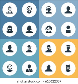 Vector Illustration Set Of Simple Human Icons. Elements Postgraduate, Proletarian, Young Shaver And Other Synonyms Postgraduate, Engineer And Headphone.