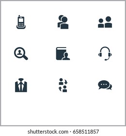 Vector Illustration Set Of Simple Human Icons. Elements Contact Book, Earmuff, Group And Other Synonyms Group, Subordination And Worker.