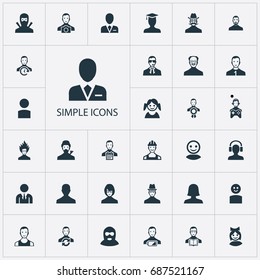 Vector Illustration Set Of Simple Human Icons. Elements Workman, Mysterious Man, Low Energy Character And Other Synonyms Mysterious, Photographer And Student.