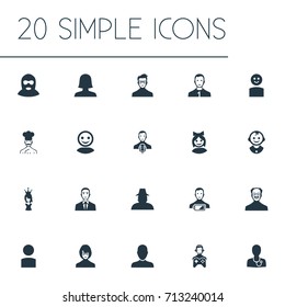 Vector Illustration Set Of Simple Human Icons. Elements Businessman, Young Shaver, Medic And Other Synonyms Model, Narrator And Felon.