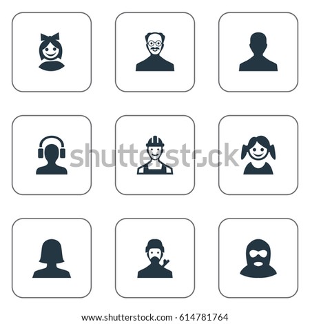 Vector Illustration Set Of Simple Human Icons. Elements Felon, Little Girl, Woman User And Other Synonyms Engineer, Man And Face.