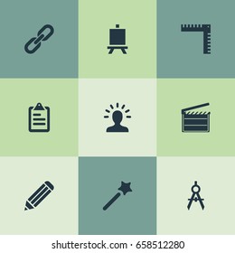 Vector Illustration Set Of Simple Icon Icons. Elements Circle Compass, Creativity, Measurement And Other Synonyms Wazard, Compass And Movie.