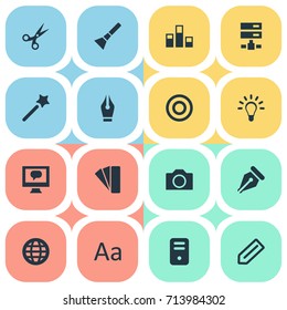 Vector Illustration Set Of Simple Icon Icons. Elements Bright, Circle, Tag And Other Synonyms Bulb, Photography And Conversation.