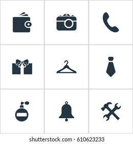 Vector Illustration Set Of Simple  Icons. Elements Gift, Digital Camera, Billfold And Other Synonyms Ring, Camera And Tool.