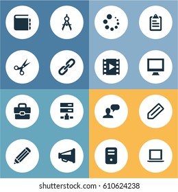 Vector Illustration Set Of Simple Icons Icons. Elements Chain, Laptop, Display And Other Synonyms Pen, Appliance And Circle.