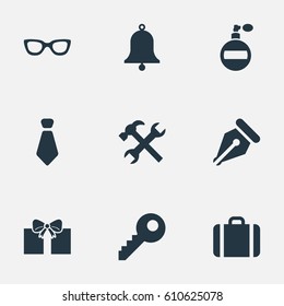Vector Illustration Set Of Simple  Icons. Elements Ring, Eyeglasses, Repair And Other Synonyms Pen, Sunglasses And Password.