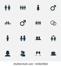 Vector Illustration Set Of Simple  Icons. Elements Mister, Candidate, Children Synonyms Lesbian, Buddies And Wedding.