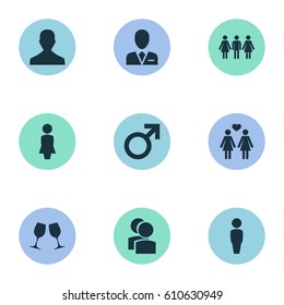 Vector Illustration Set Of Simple  Icons. Elements Friends, Wineglass, Homosexual And Other Synonyms Choice, Wedding And Male.