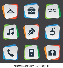 Vector Illustration Set Of Simple  Icons. Elements Eyeglasses, Gift, Music And Other Synonyms Eyeglasses, Grant And Pen.