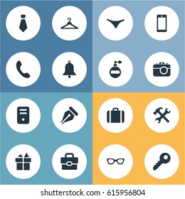 Vector Illustration Set Of Simple  Icons. Elements Present, Mobile Phone, Eyeglasses And Other Synonyms Key, Bag And Perfume.