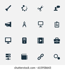 Vector Illustration Set Of Simple Icons Icons. Elements Assessment, Bullhorn, Settings And Other Synonyms Movie, Handbag And Trim.