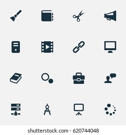Vector Illustration Set Of Simple Icons Icons. Elements Circle Compass, Blueprint, Hand Lantern Synonyms Handbag, Chain And Hyperlink.