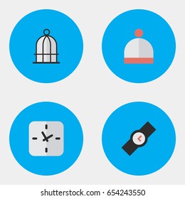 Vector Illustration Set Of Simple  Icons. Elements Time, Wool Wear, Birdcage And Other Synonyms Watch, Wristwatch And Prison.