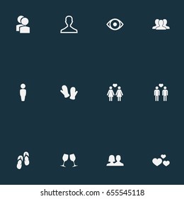Vector Illustration Set Of Simple  Icons. Elements Beach Sandals, Wineglass, Eye Synonyms Member, User And Flip.