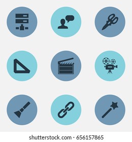 Vector Illustration Set Of Simple Icons Icons. Elements Blueprint, Wizard Stick, Retro Movie And Other Synonyms Layout, Retro And Assessment.