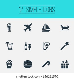 Vector Illustration Set Of Simple  Icons. Elements Boat, Sleigh, Surprise And Other Synonyms Diving, Glass And Wand.