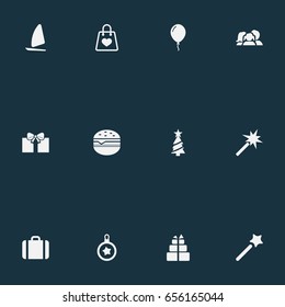 Vector Illustration Set Of Simple  Icons. Elements Balloon , Wand, Sale Synonyms Magic, Ball And Tree.