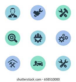 Vector Illustration Set Of Simple  Icons. Elements Construction, Equipments, Renovation And Other Synonyms Search, Workman And Car.