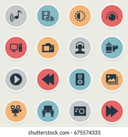 Vector Illustration Set Of Simple  Icons. Elements Photo Apparatus, Shine, Rewind And Other Synonyms Roll, Headphone And PC.