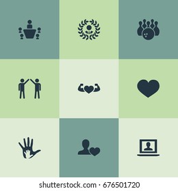 Vector Illustration Set Of Simple  Icons. Elements Entertainment, Love, Reward And Other Synonyms Love, Hand And Bowling.