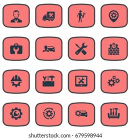 Vector Illustration Set Of Simple  Icons. Elements Pin, Workshop, Cogwheel And Other Synonyms Pin, Case And Key.